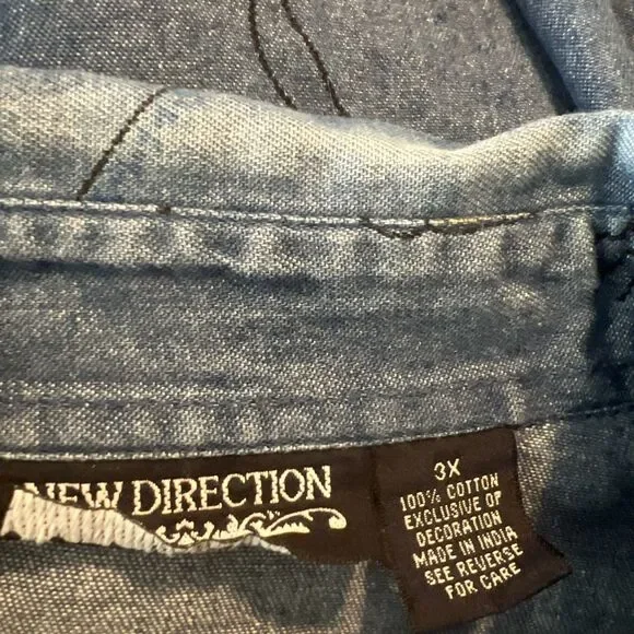 New Directions Women’s Chambray Button Up Shirt 3X Embroidered Dancing Girl Tree - Picture 6 of 7